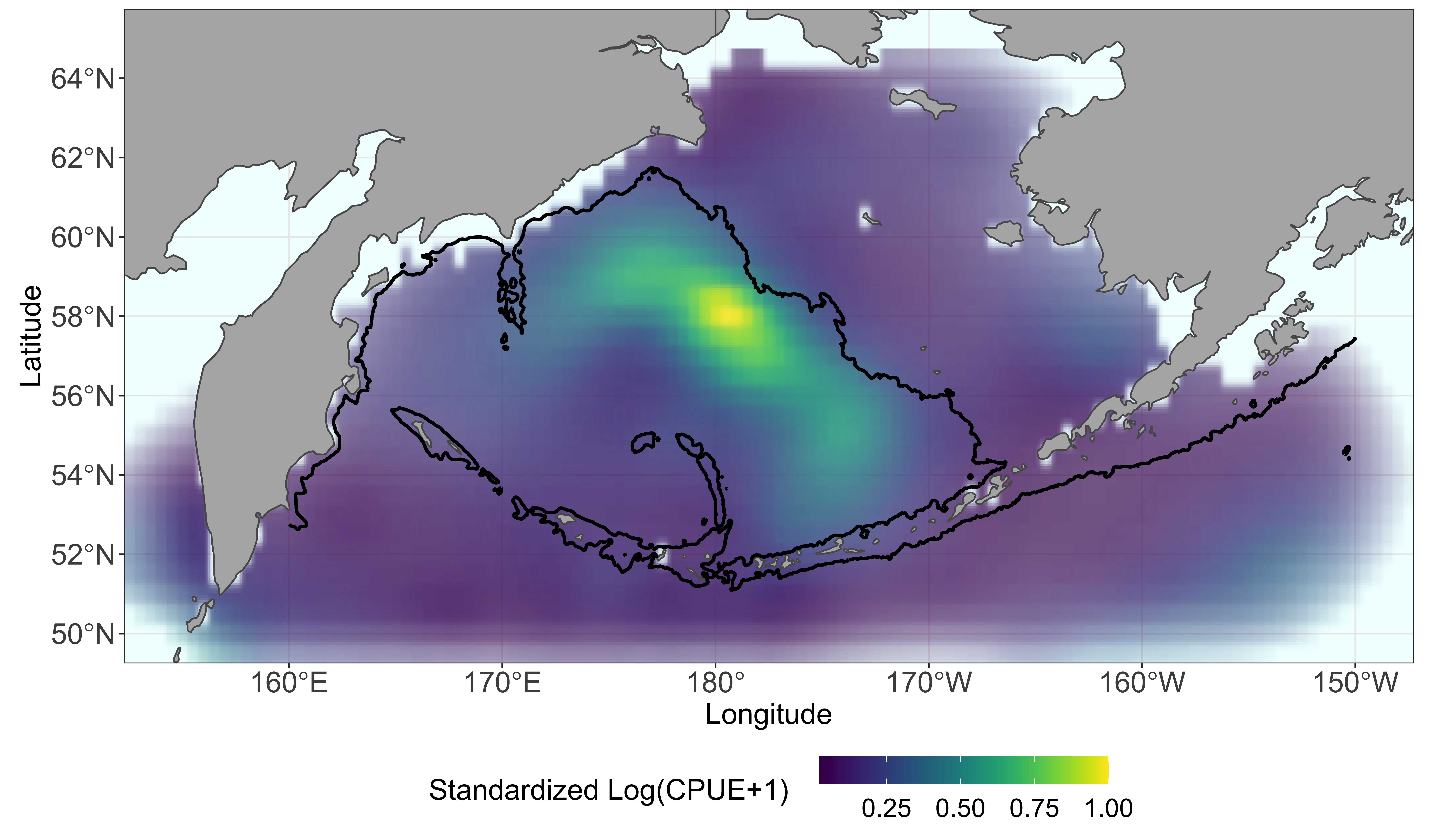 A map using information from a new database shows relative abundance of Chinook salmon in the Bering Sea during June and July. A hotspot of abundance appears to correspond with a region of known high productivity along the Bering Sea shelf break.